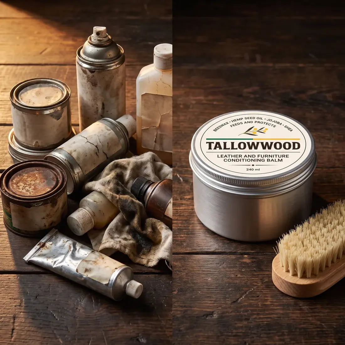 A shelf of old leather products beside one tin of Tallowwood