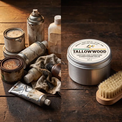 Tallowwood shelf of old leather products